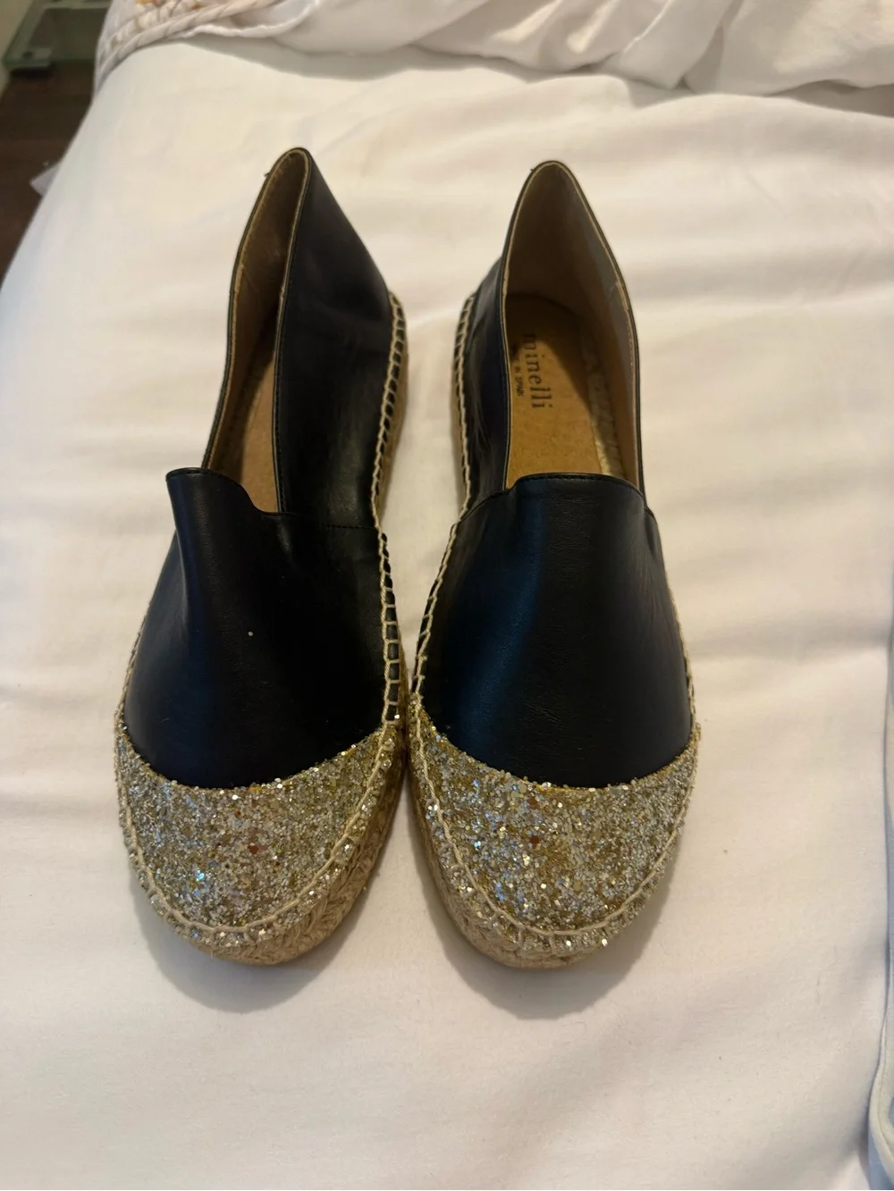Minelli Black Espadrilles with Gold Glitter Toe